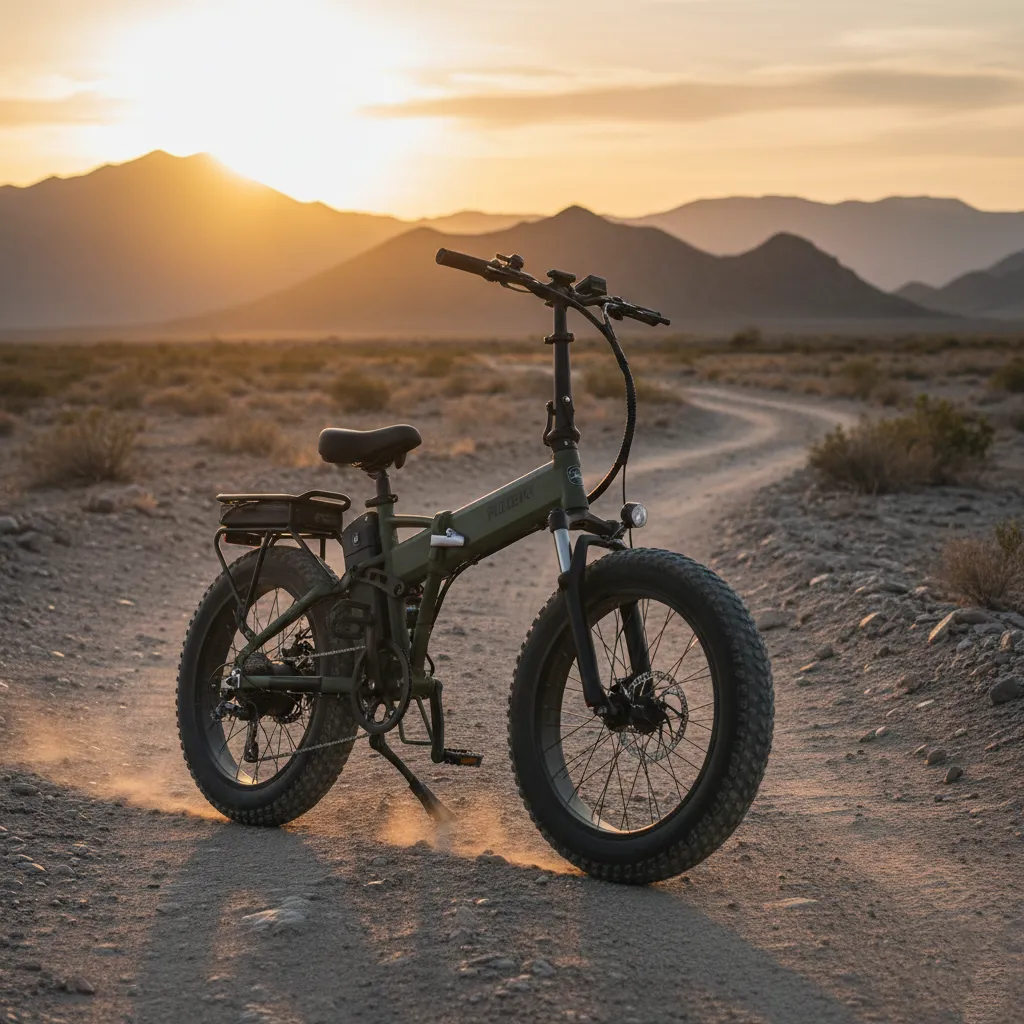 all terrain folding electric bike with fat tires parked on a dirt trail