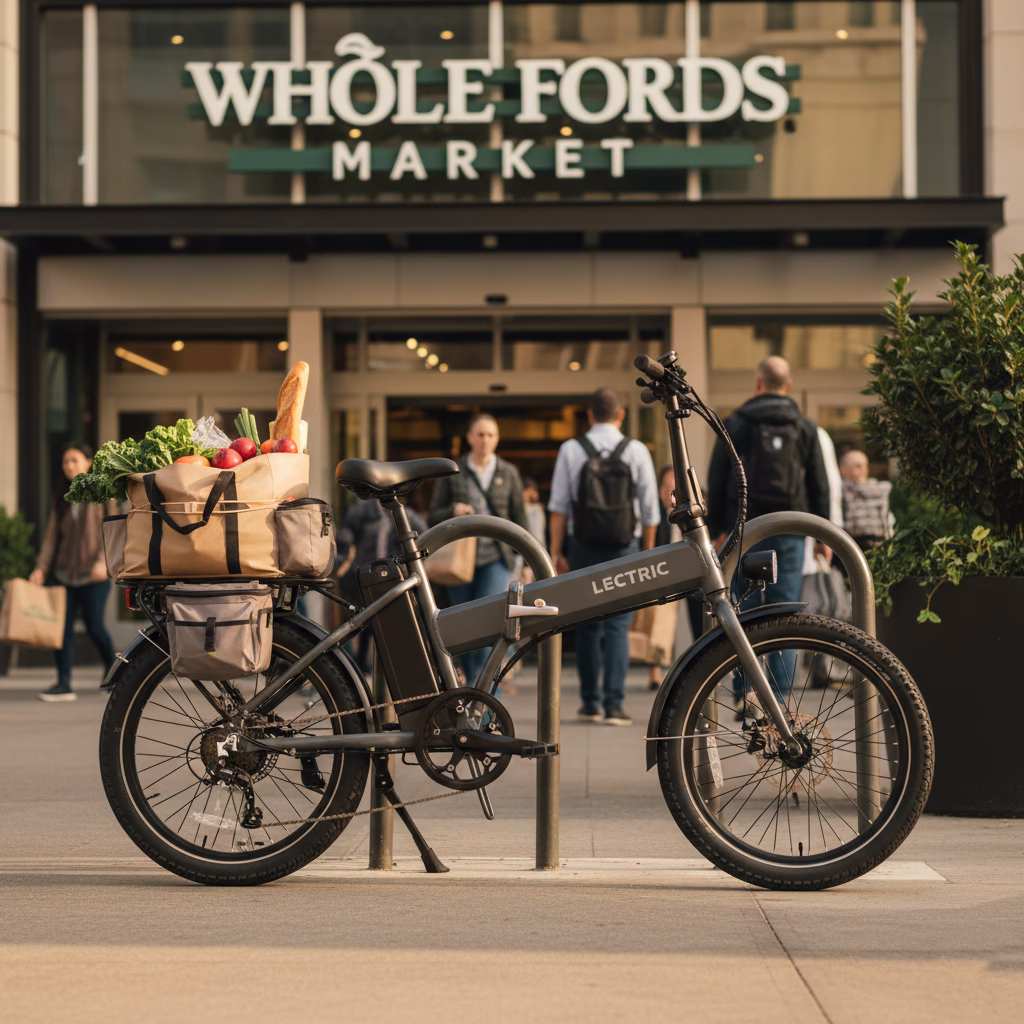 folding electric bike with rear rack loaded with grocery bags