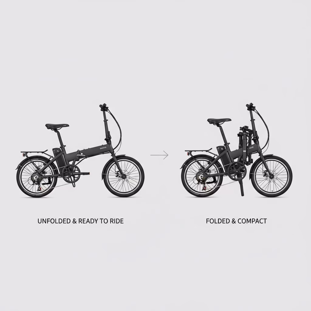 side by side comparison of an electric bike in unfolded and folded states