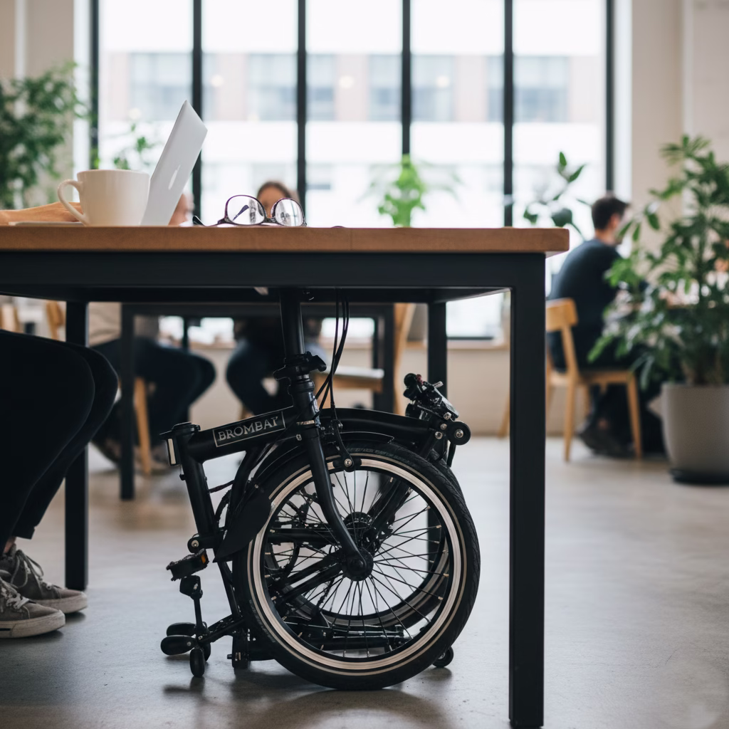 small electric bike folded and stored neatly under an office desk
