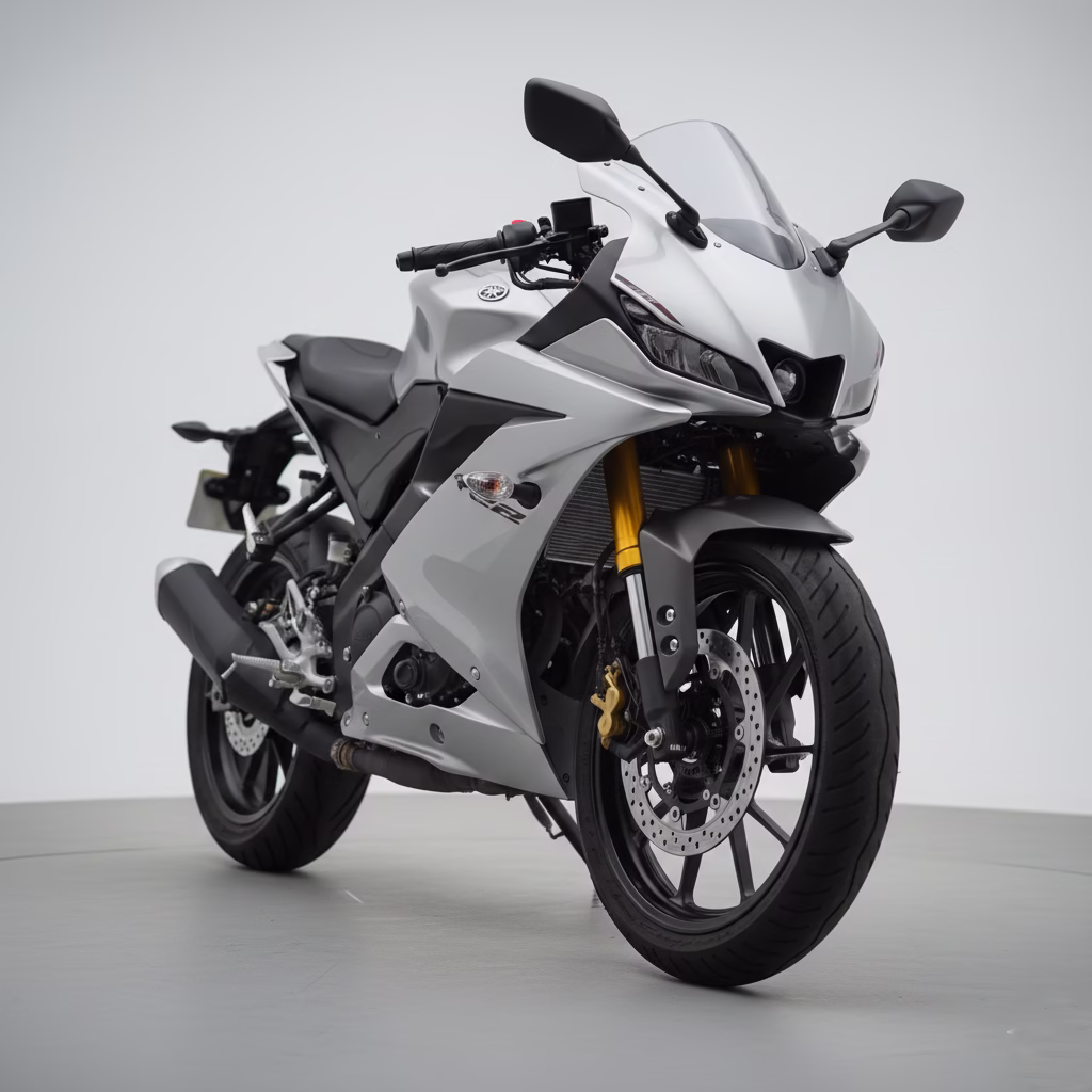 a low angle studio shot of the silver r15m showing the m logo