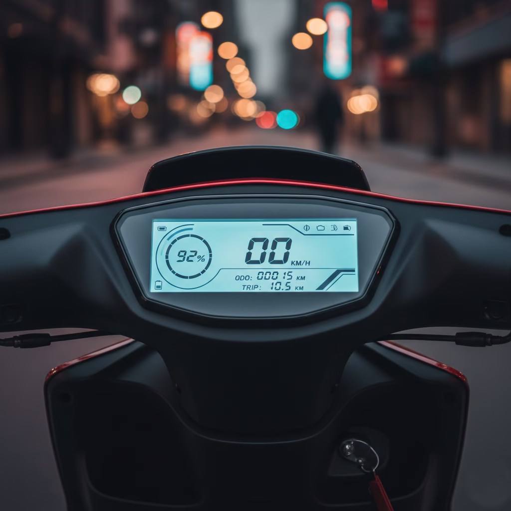 digital smart meter of metro m6 empower displaying battery life and speed.