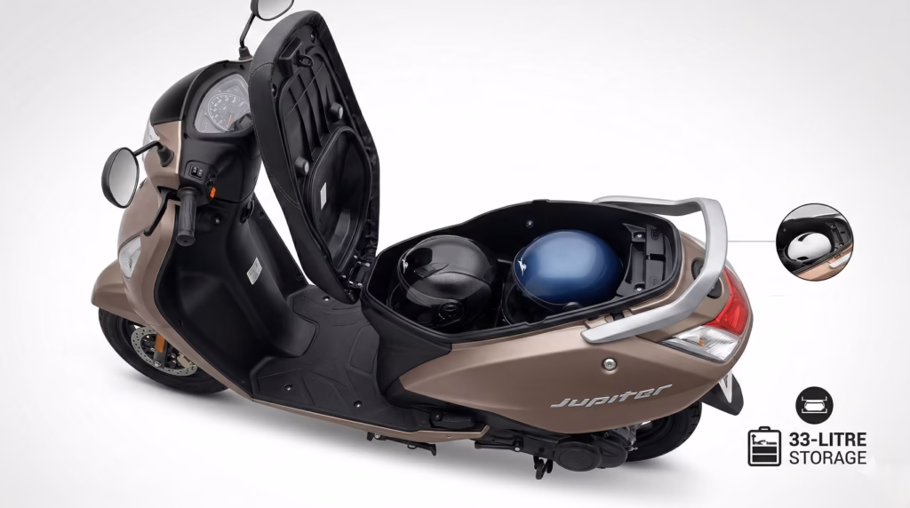 tvs jupiter 125 largest under seat storage fitting two helmets