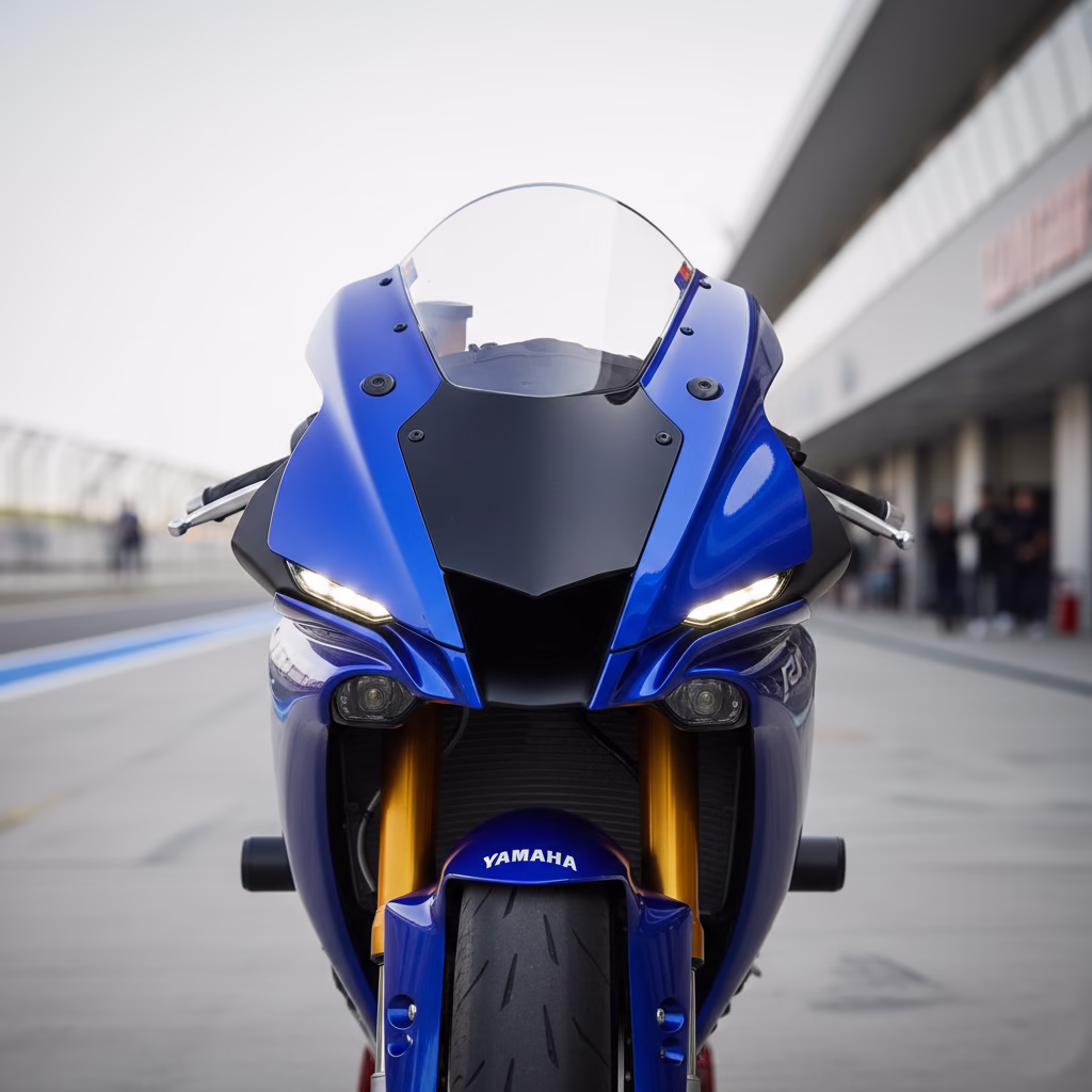 yamaha r1 front view showing aerodynamic air intake and led headlights