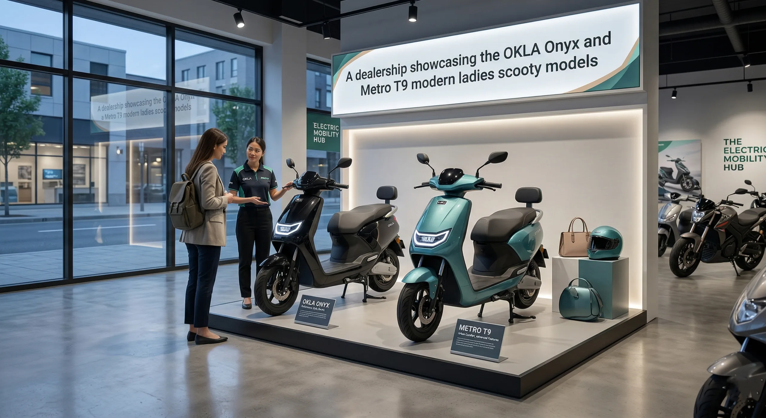 A dealership showcasing the OKLA Onyx and Metro T9 modern ladies scooty models