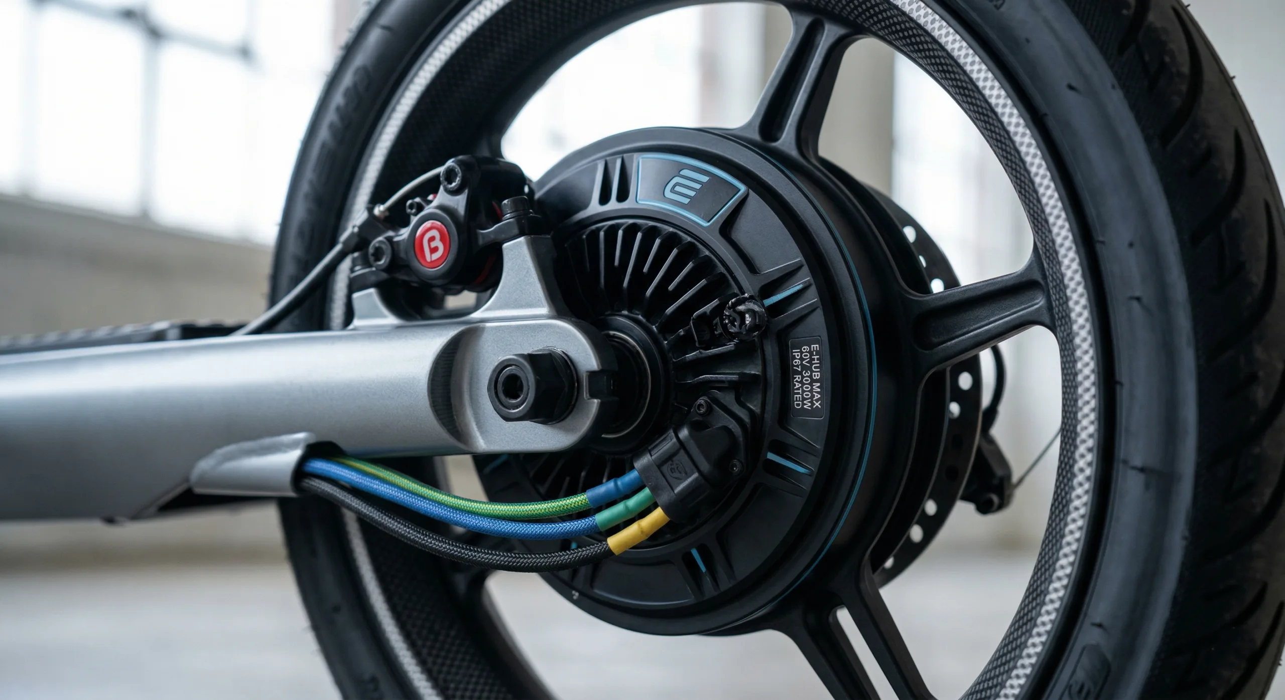 Close up view of the electric hub motor on an EV scooty