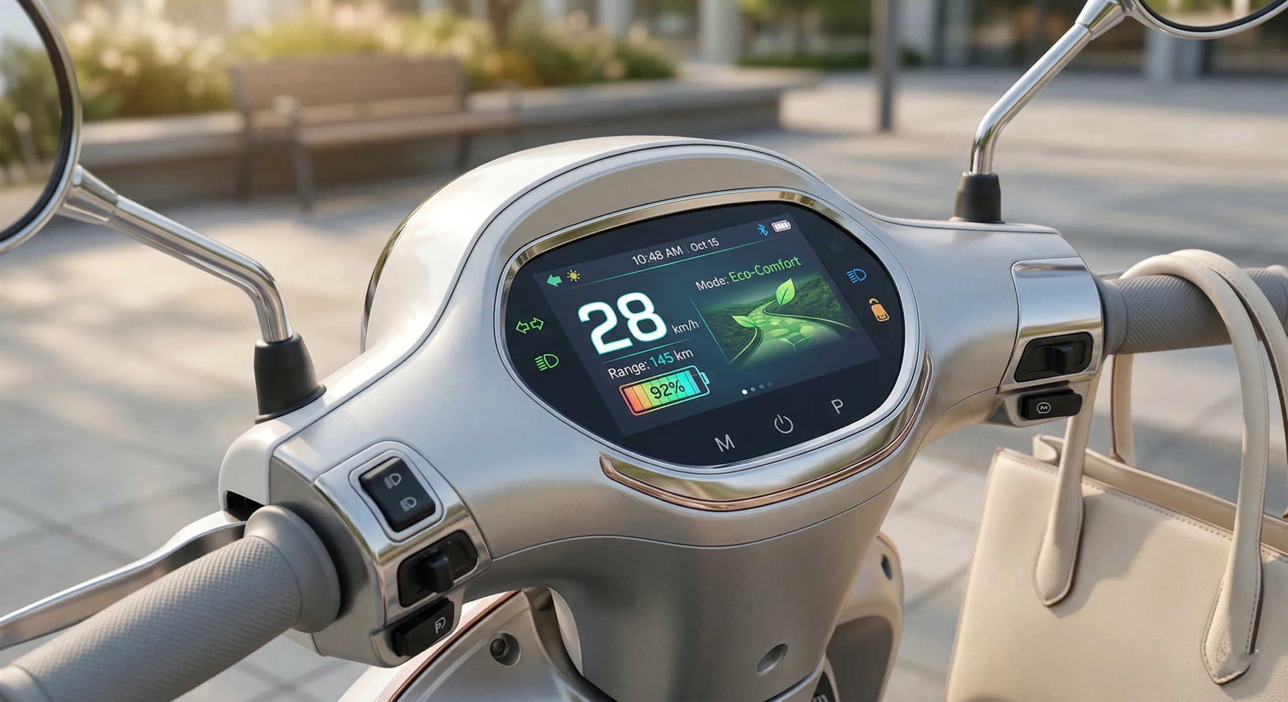 Digital dashboard on a premium electric ladies scooty