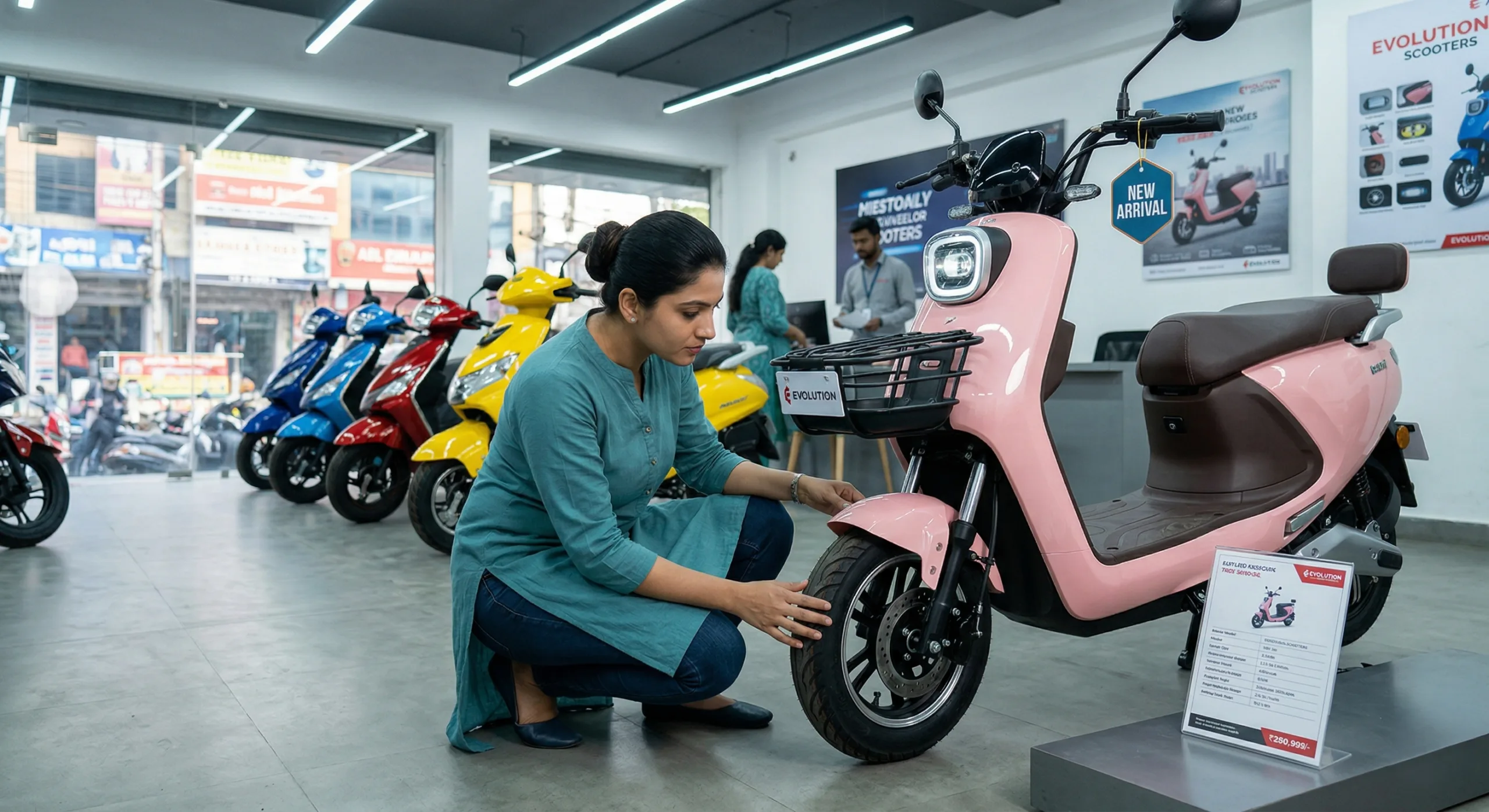 A woman inspecting a brand new ladies scooty at a dealership