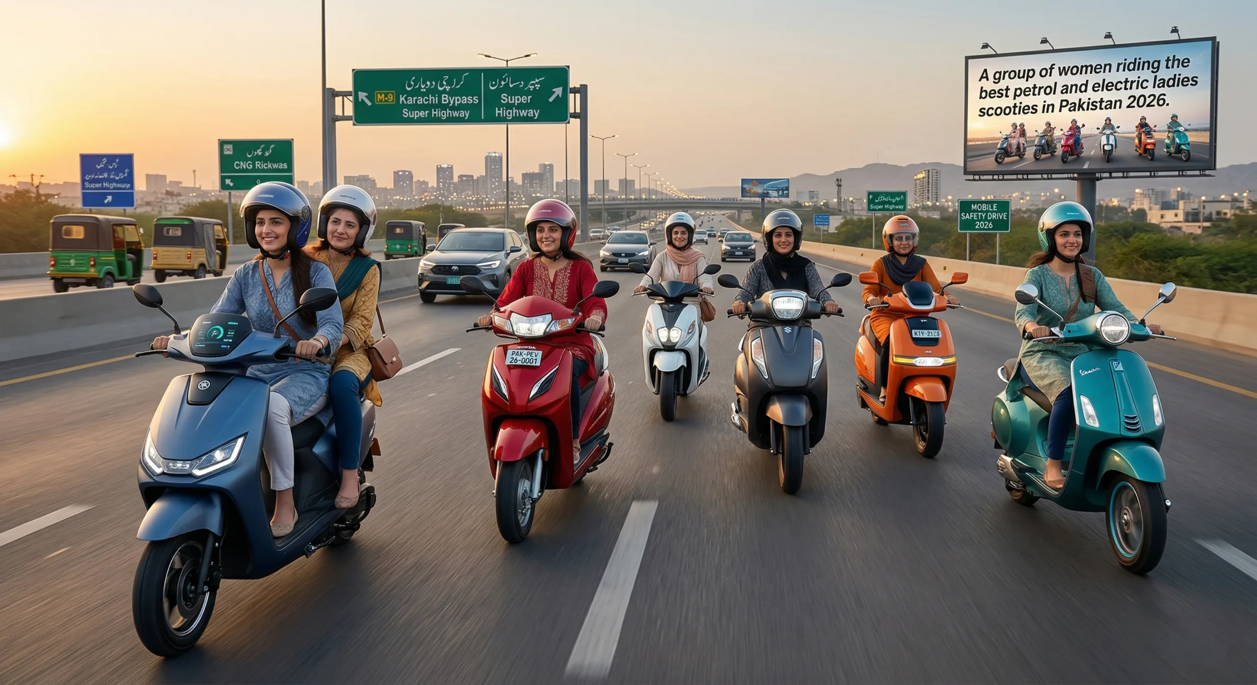 Woman riding a modern ladies electric scooty in Lahore Pakistan