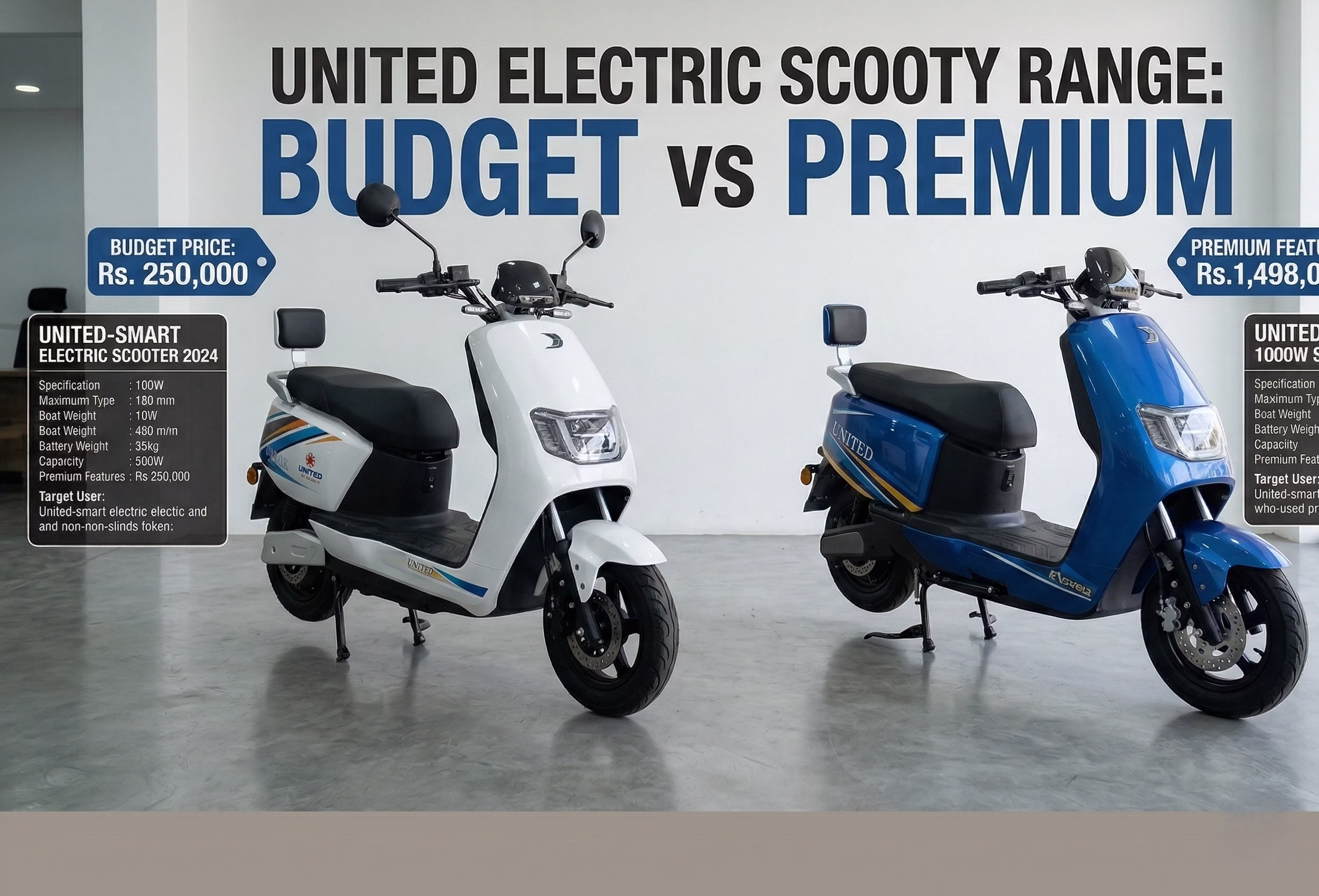 Comparison shot of United Electric Scooties showcasing budget and premium models side by side