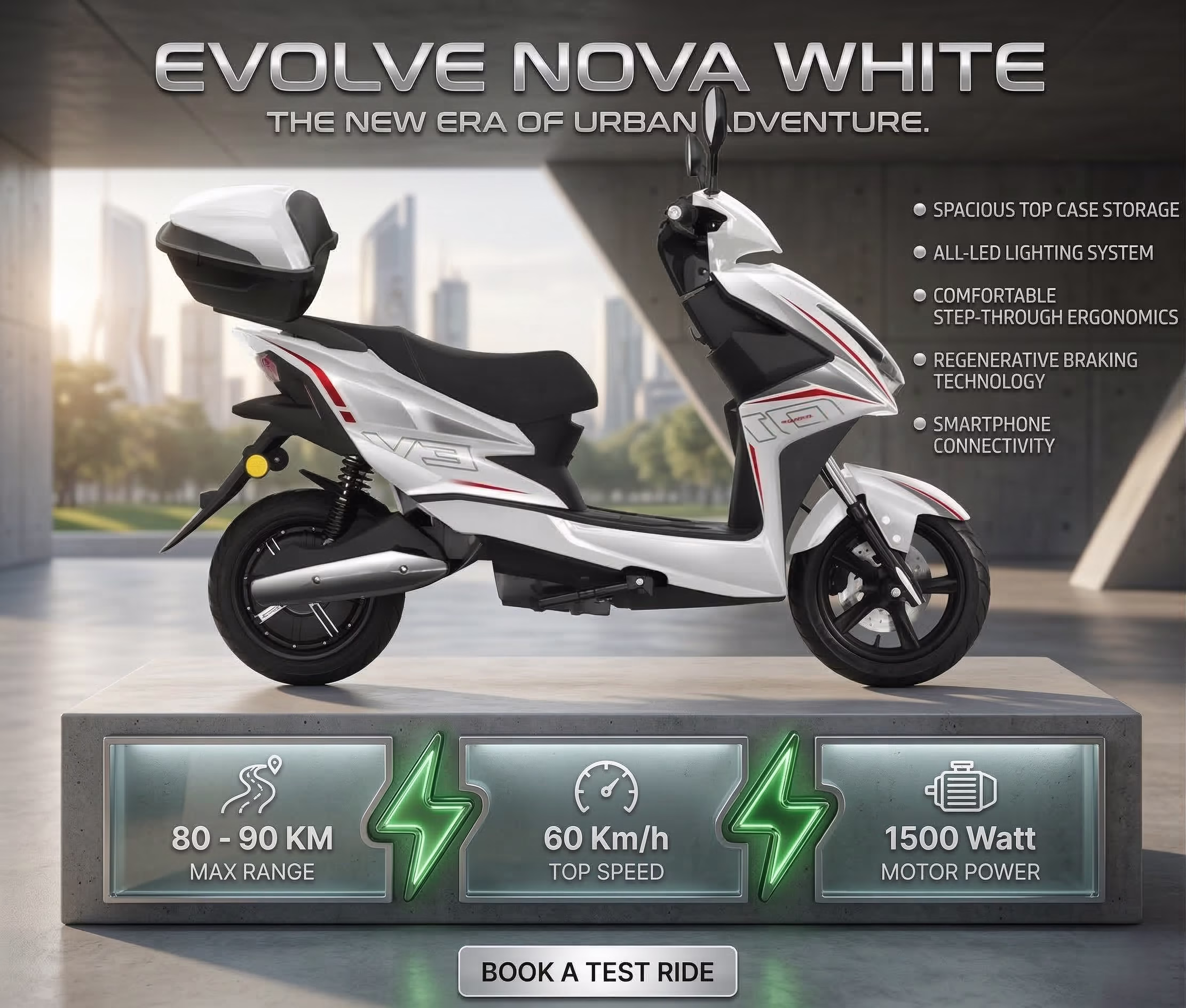 The practical Evolve electric bike Nova White urban scooty with built-in storage container