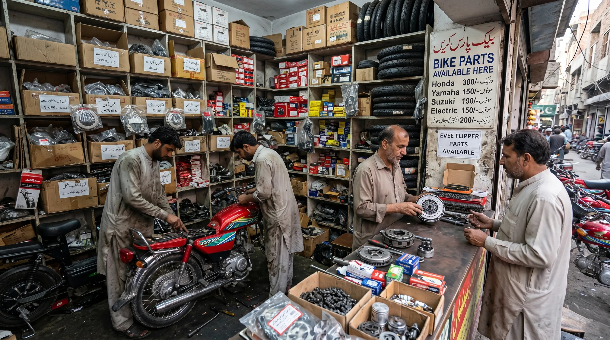 A Pakistani mechanic shop showing parts availability