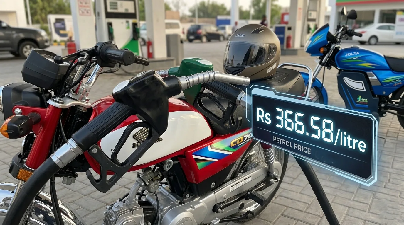 A petrol pump nozzle charging alongside a graphic showing Rs 366.58/litre.