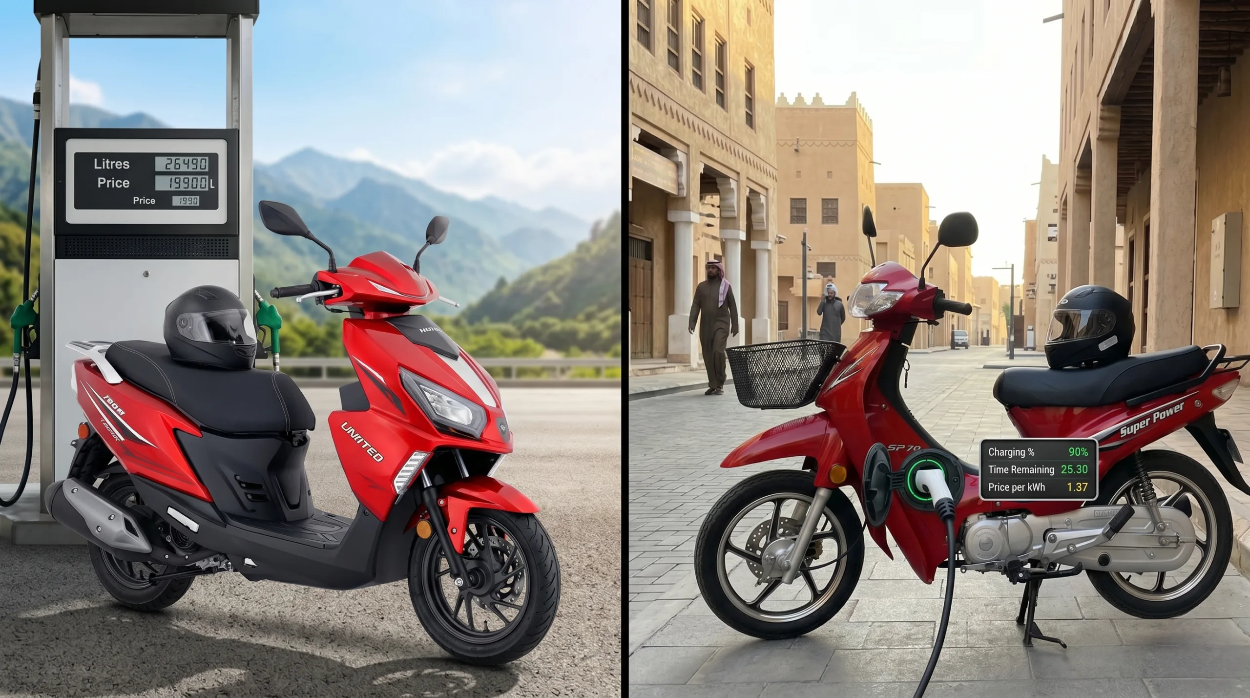 Electric bike vs Petrol bike split screen comparison in Pakistan