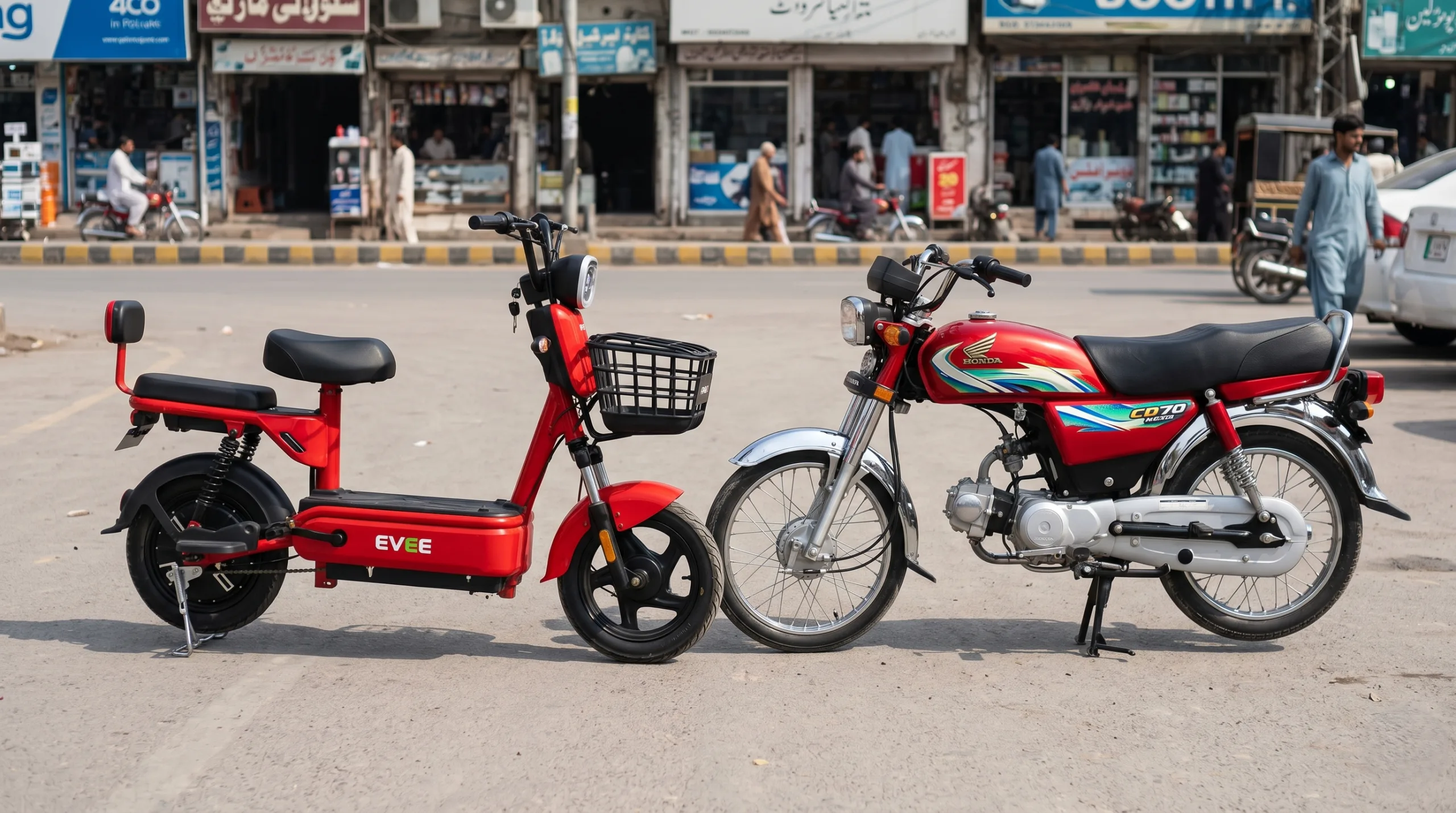 EVEE Flipper electric bike parked side-by-side with a Honda CD 70