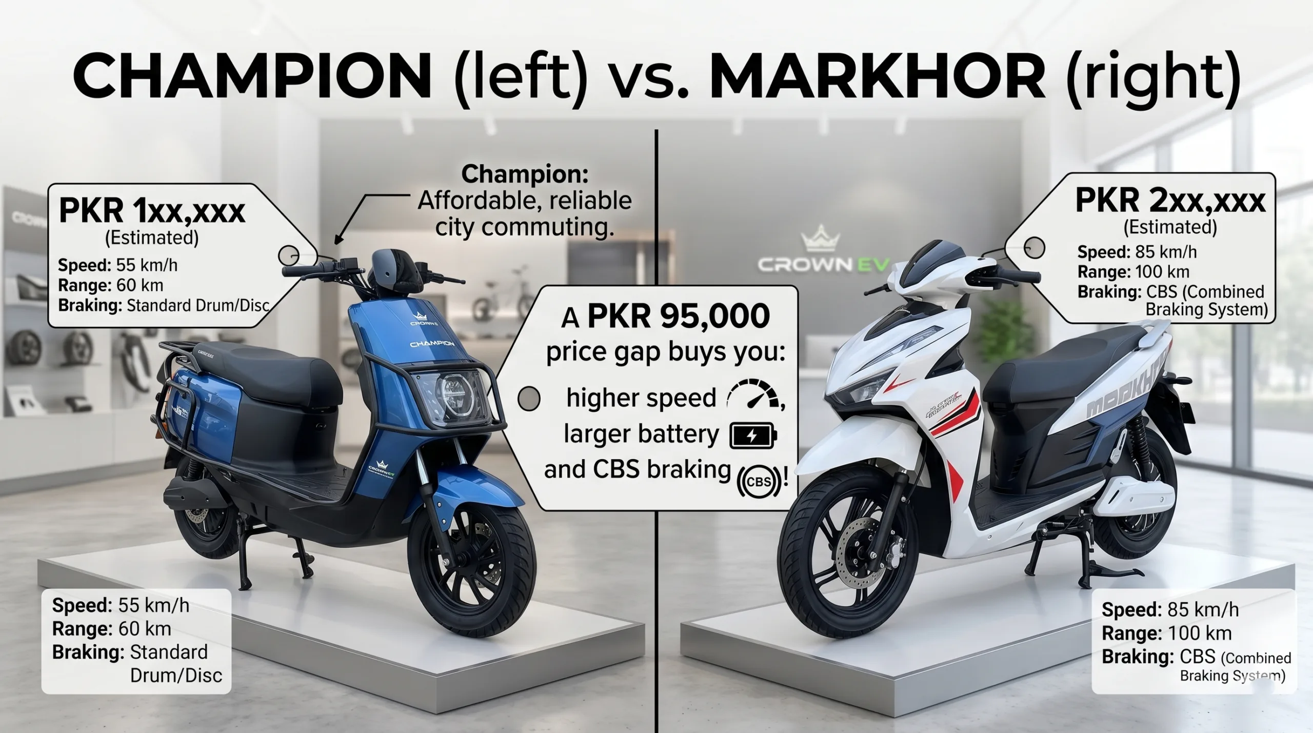 Crown EV Champion vs Markhor Pakistan 2026 — PKR 95,000 price gap showing speed, battery and CBS braking differences between Crown Electric's two main models