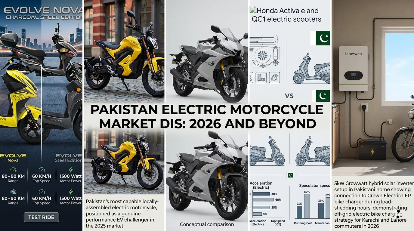 Best fuel average bike in Pakistan 2026 comparison infographic showing petrol cost per km at PKR 414.78 per litre versus LFP electric bike at PKR 1.50 per km for Honda CD70 and Crown Electric Markhor
