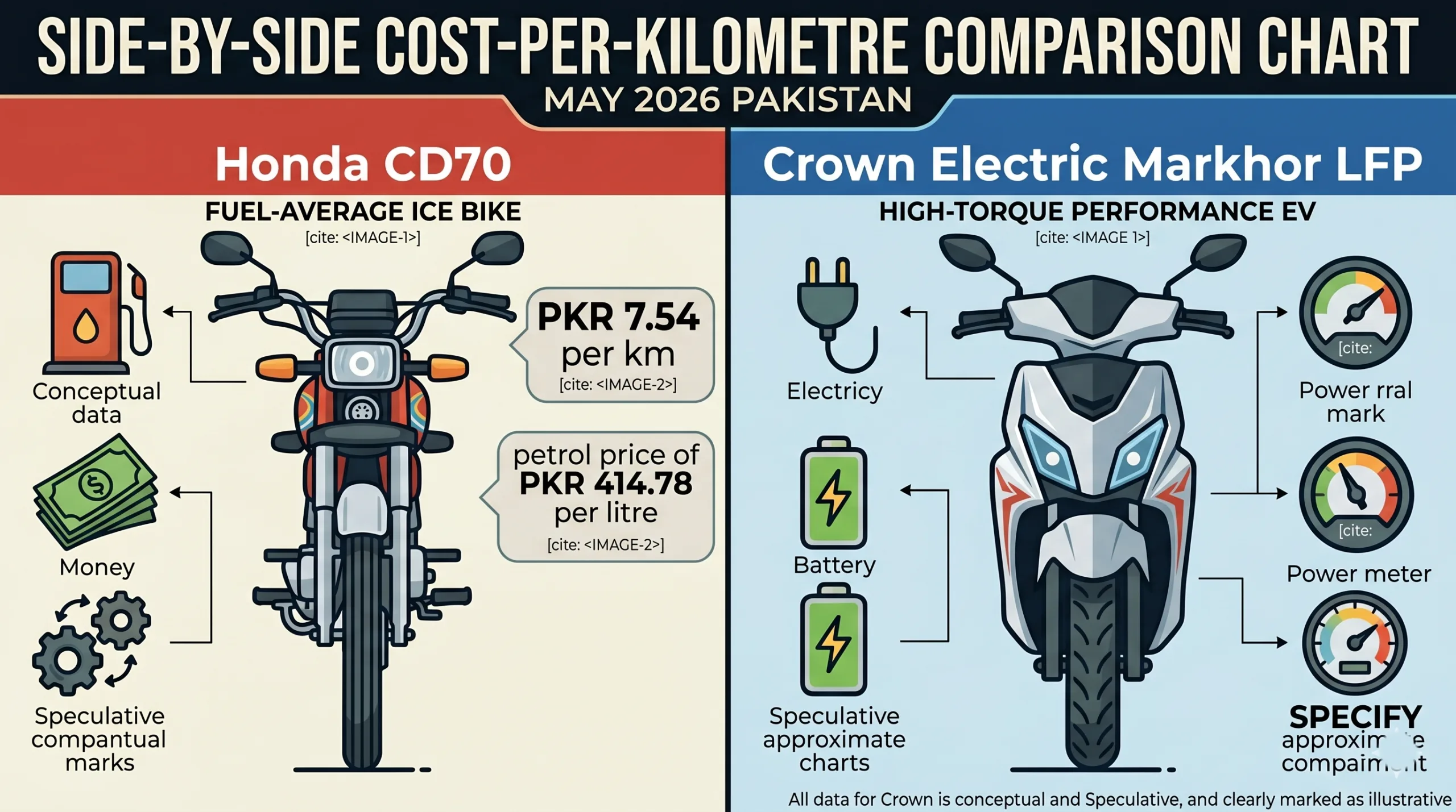 Side-by-side comparison chart showing Honda CD70 at PKR 7.45 per km versus Crown Electric Markhor LFP electric bike at PKR 1.50 per km running cost in Pakistan 2026 at current petrol prices