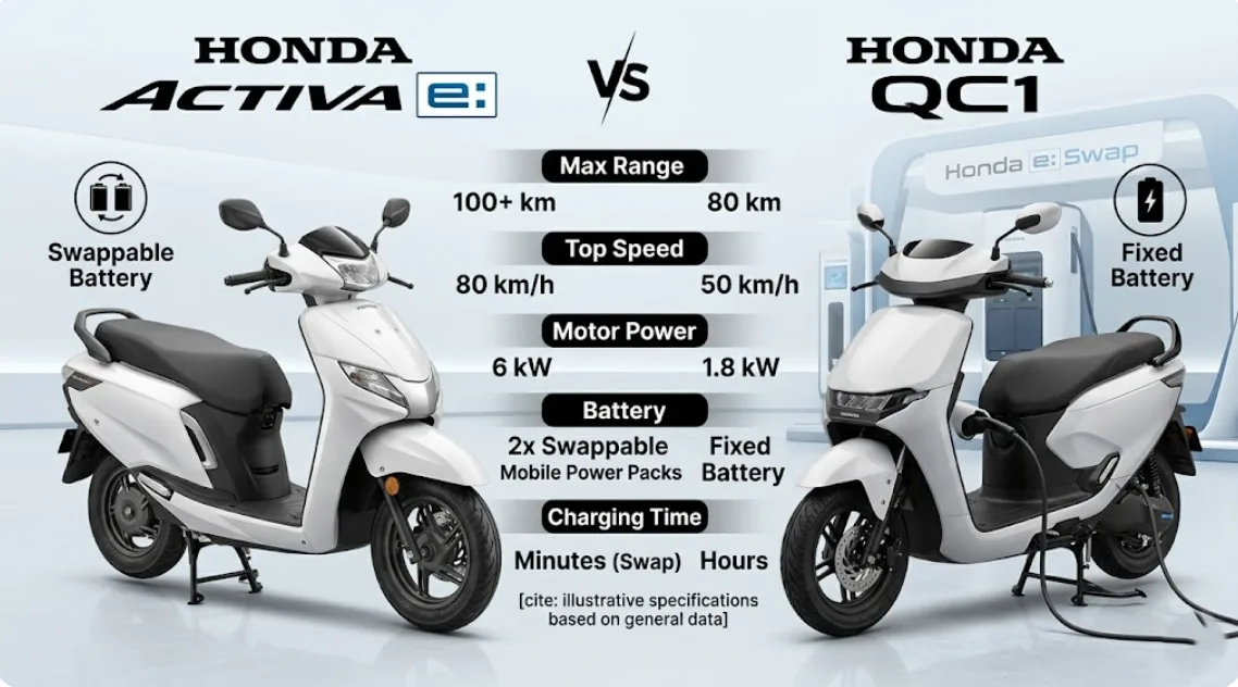 Honda Activa e and QC1 electric scooters side by side comparison 2026 India — Honda's first EV two-wheelers with <span class=