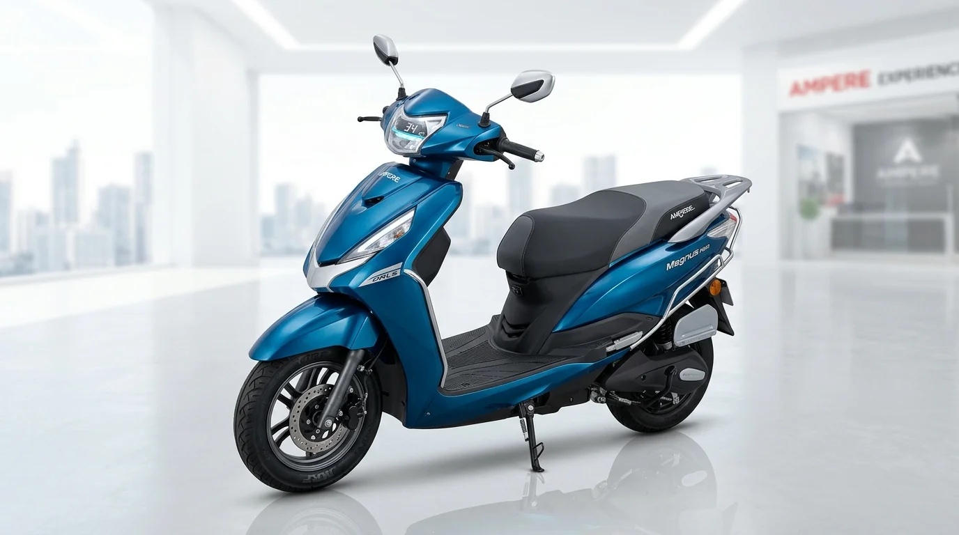 Ampere Magnus Neo electric scooter in metallic ocean blue parked in modern showroom