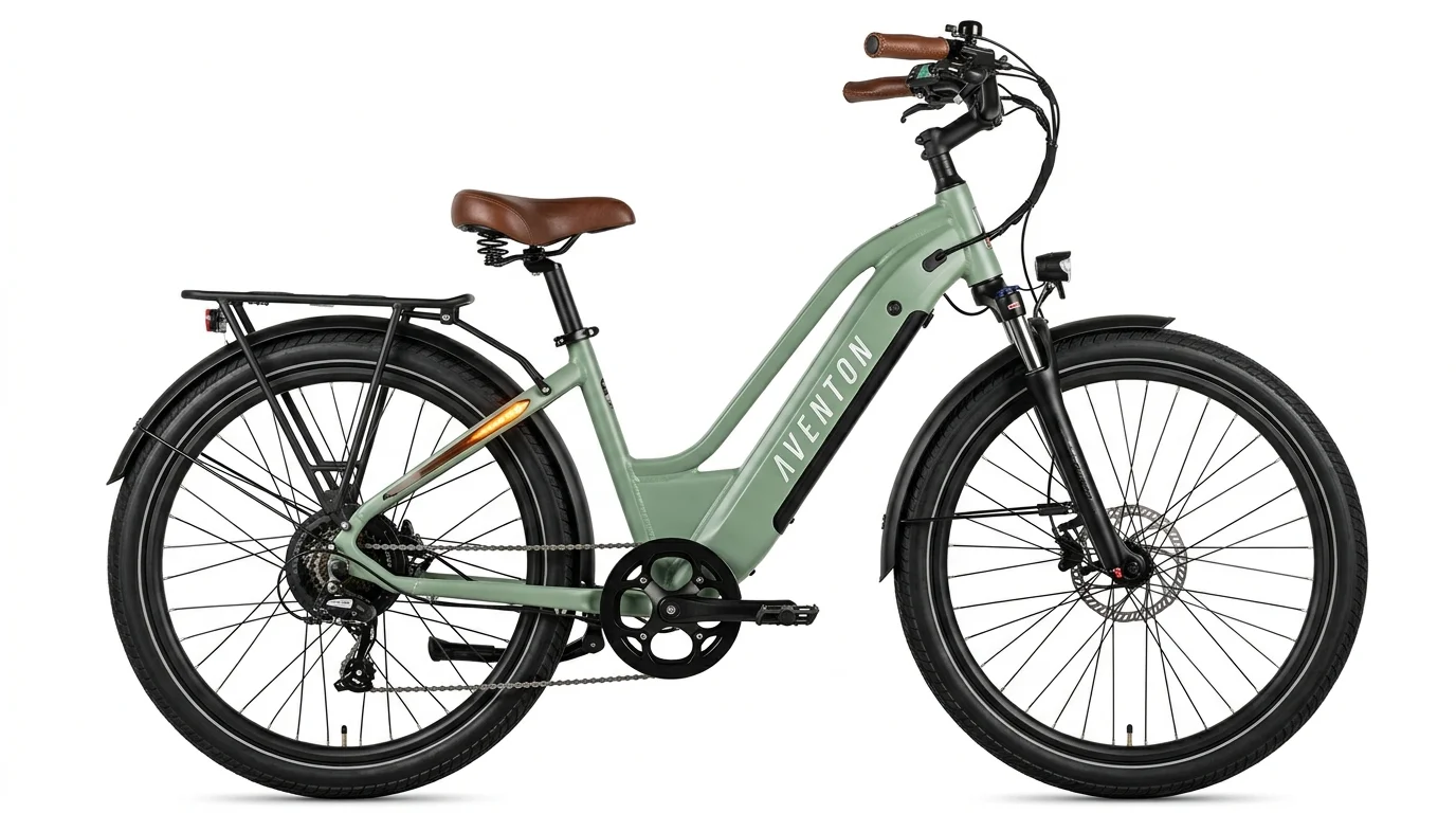 Aventon Pace 500.3 electric cruiser bicycle in celadon green with brown saddle and step-thru frame