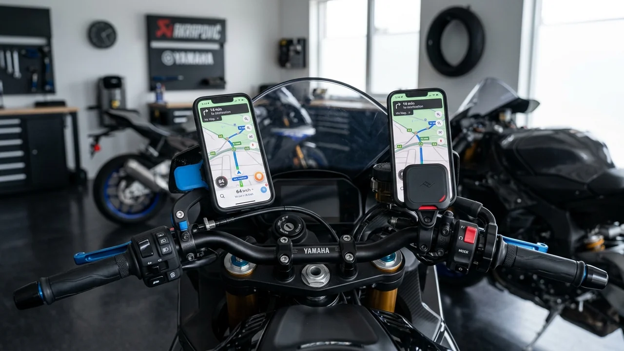 Motorcycle Handlebar Phone Mounts with Vibration Dampeners on Sport Motorcycle Cockpit