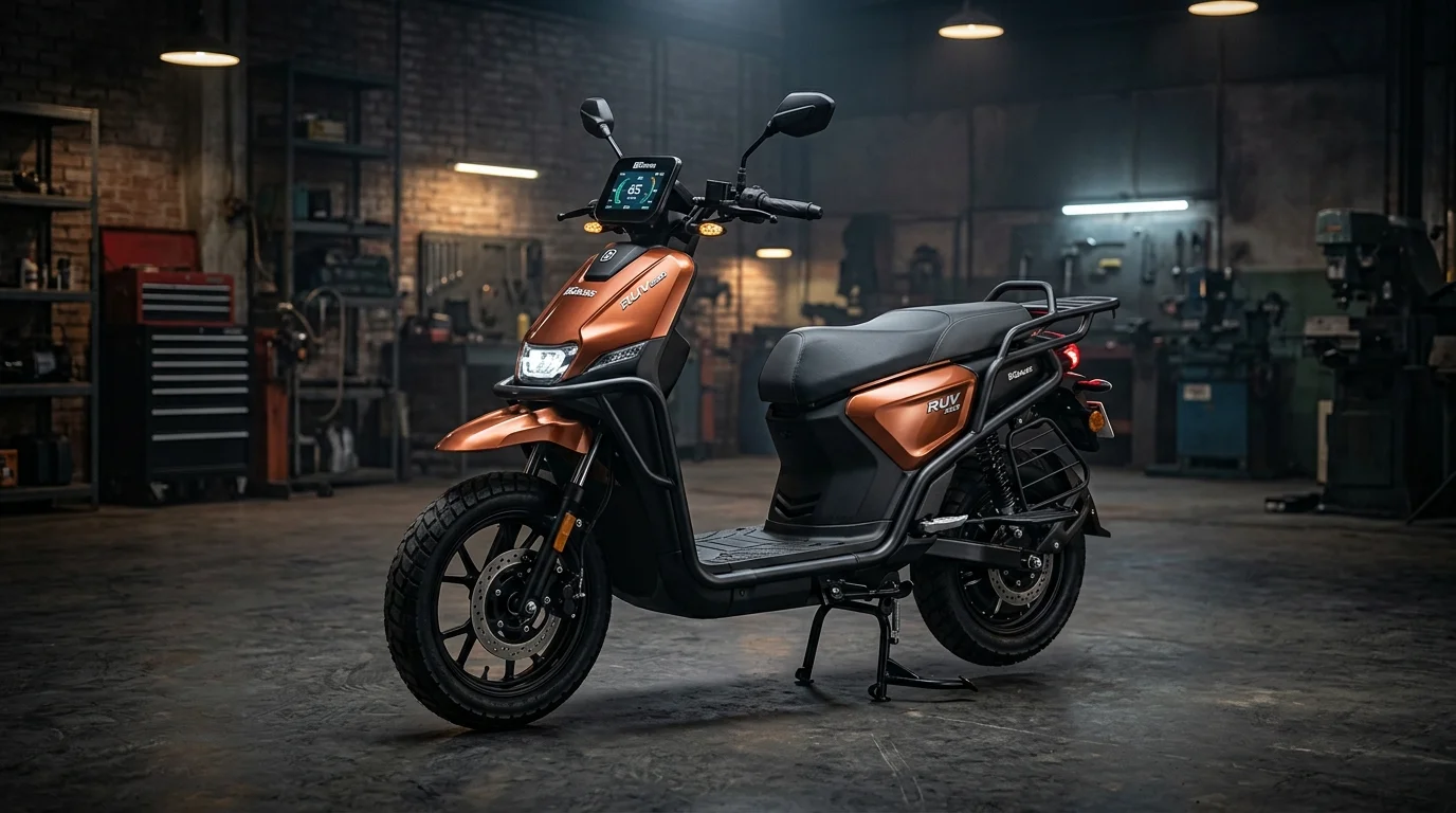 BGauss RUV 350 rugged electric scooter showing large 16-inch wheels and copper metallic finish parked in workshop