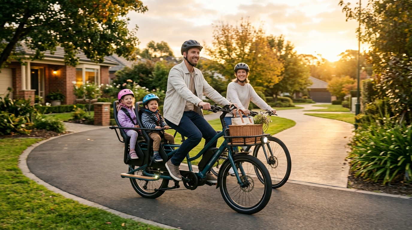 Electric cargo commuter bike carrying groceries and child seat in city street next to cars
