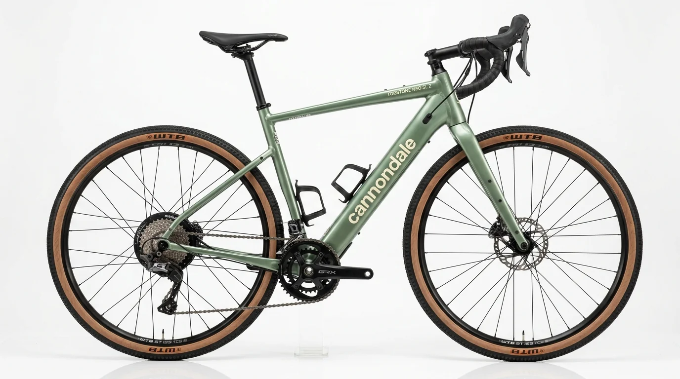 Cannondale Topstone Neo SL 2 electric gravel bicycle in satin sage green with drop handlebars and carbon fork