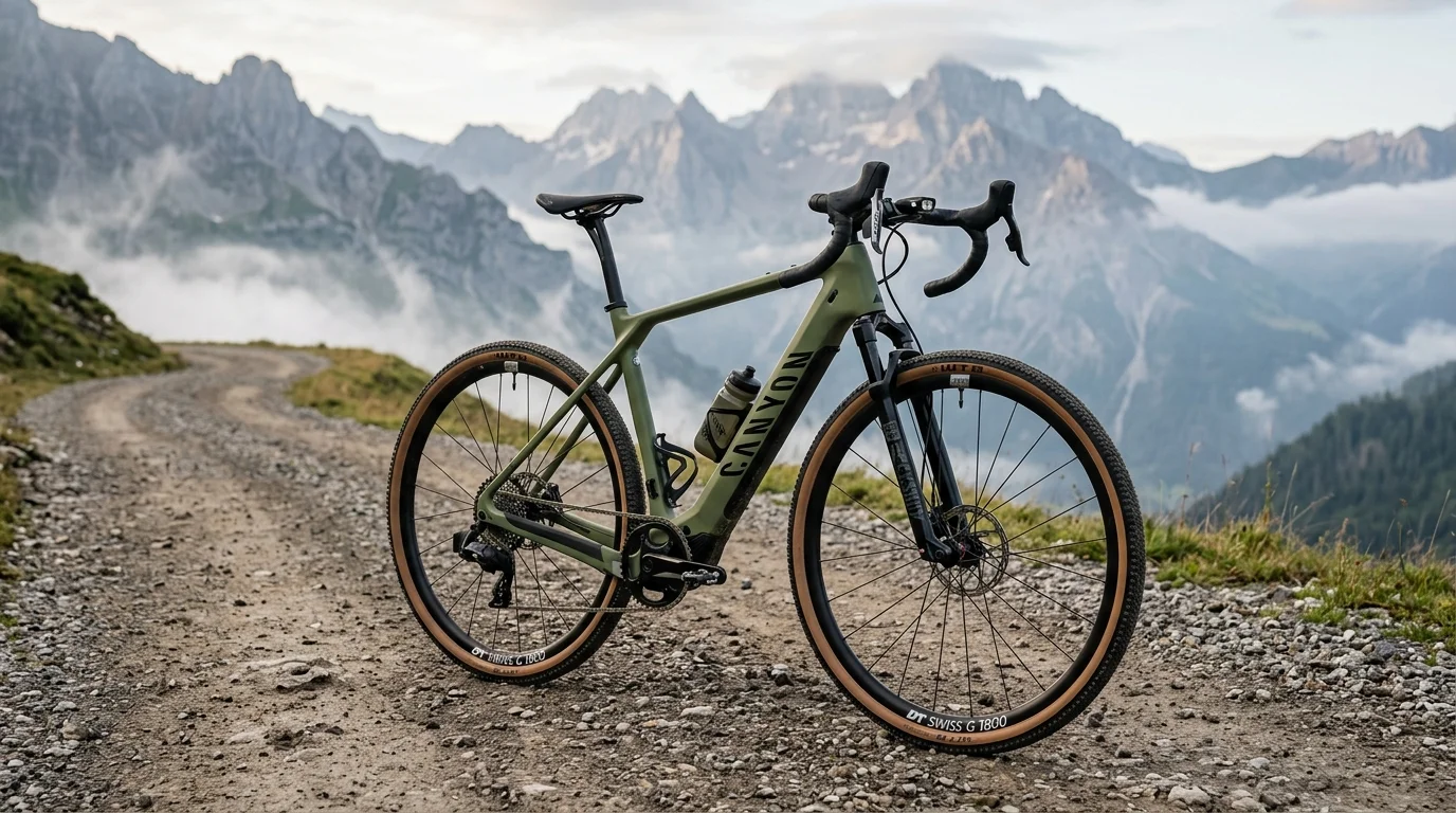 Canyon Grizl:ON CF lightweight carbon electric gravel bike with RockShox Rudy suspension fork and tanwall gravel tires