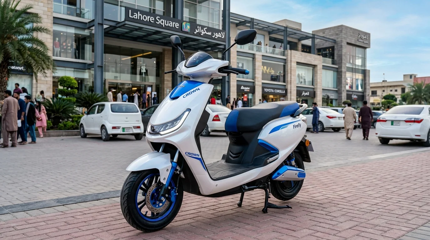 Crown Firefly electric scooter in white with electric blue accents parked in Lahore Pakistan