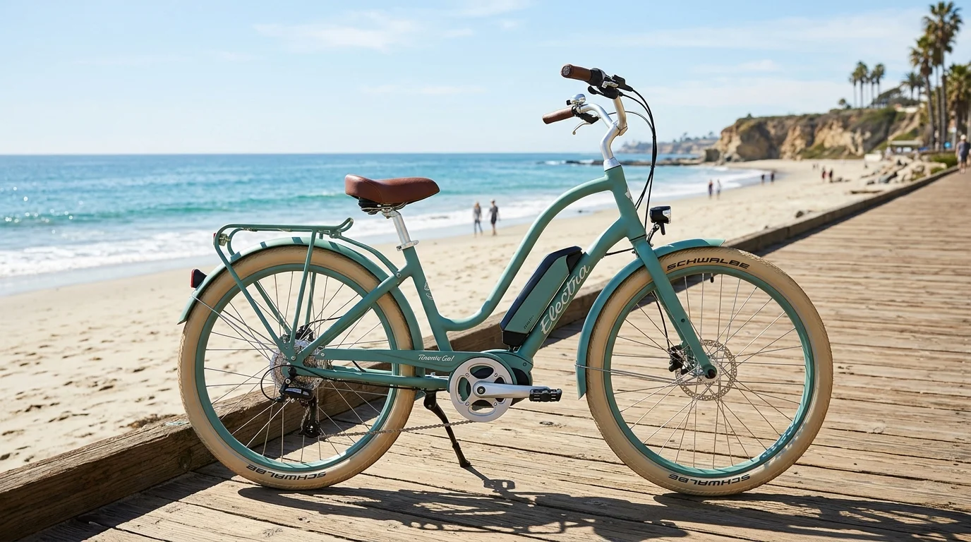 Electra Townie Go! 7D comfort electric cruiser bike with seafoam green frame and Flat Foot Technology geometry