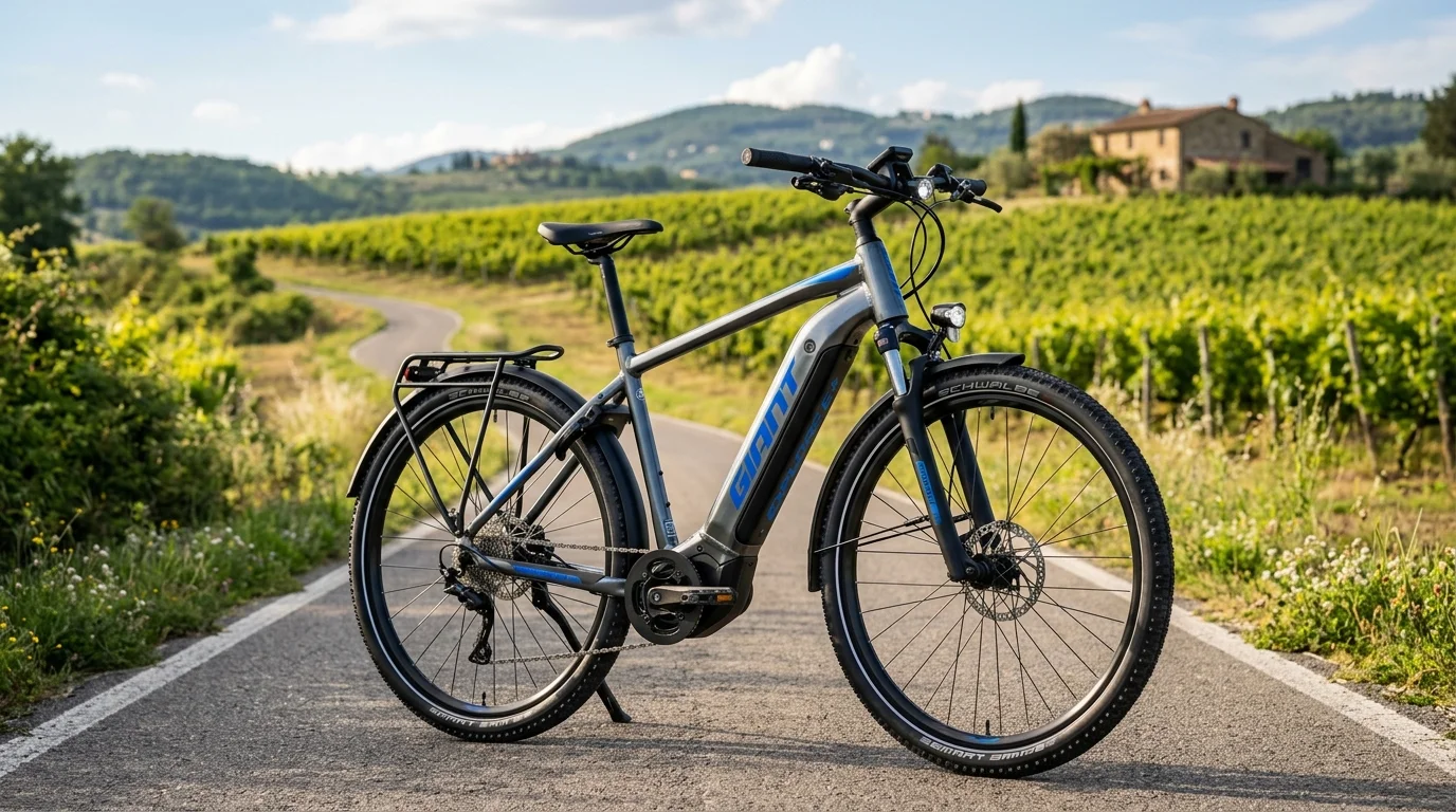Giant Explore E+ Pro all-terrain electric trekking bicycle with 800Wh downtube battery, rear rack, and full fenders