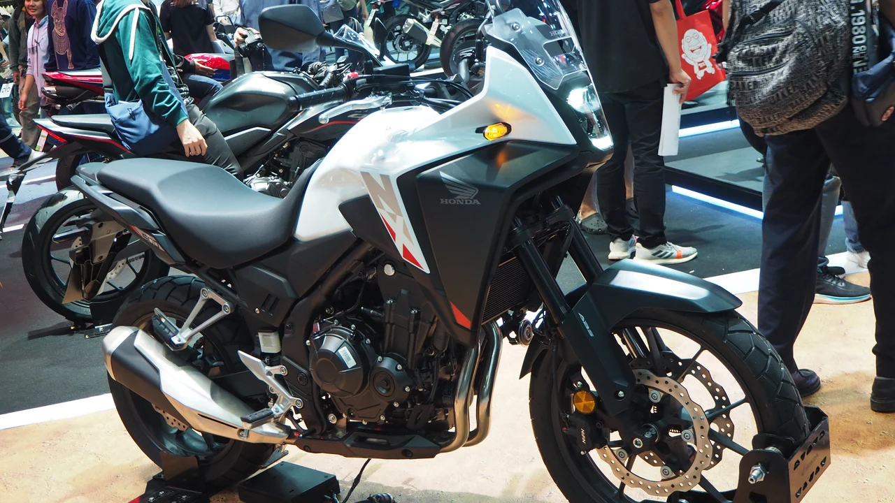 Honda NX500 Pearl Horizon White Adventure Tourer Motorcycle Exhibition Profile
