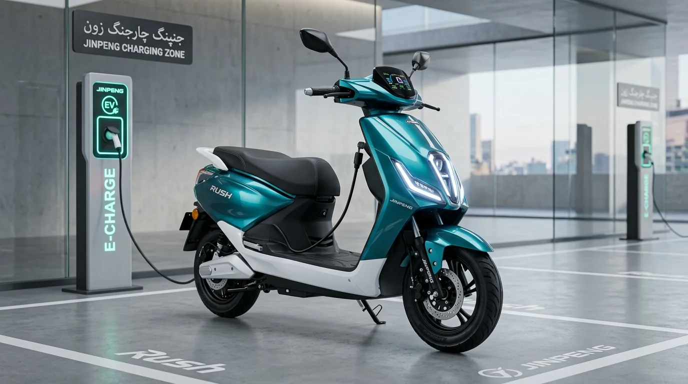 Jinpeng Rush electric scooter in metallic teal and white parked at modern charging station in Pakistan