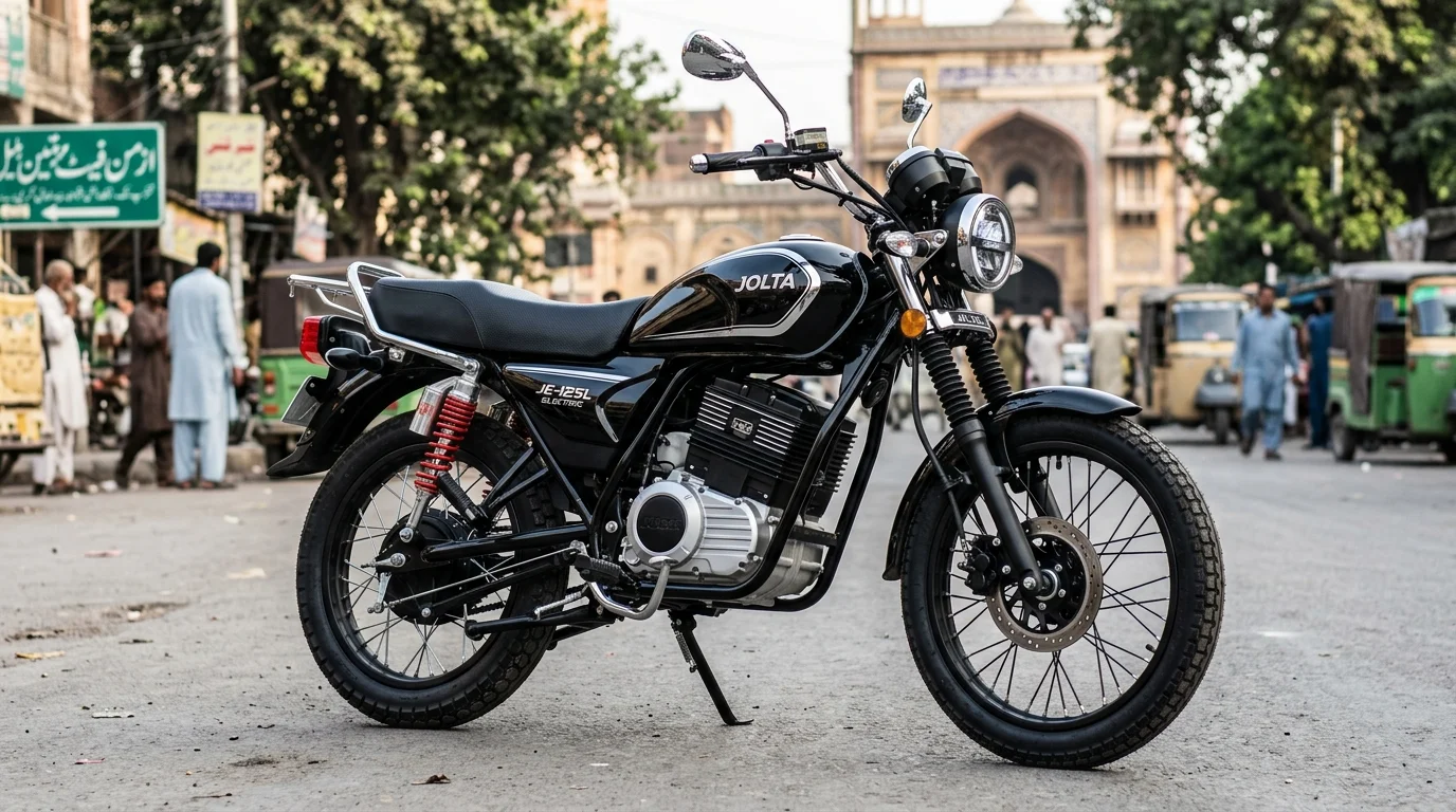 Jolta JE-125L full-size electric motorcycle in gloss black and chrome parked on city street