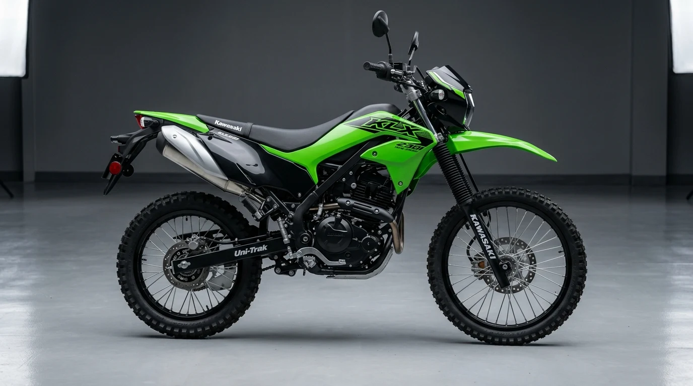 Kawasaki KLX 230 Lime Green Dual-Sport Motorcycle Studio Shot