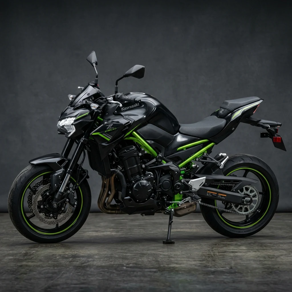 2026 Kawasaki Z900 Naked Motorcycle with Green Trellis Frame and Sharp Sugomi Styling