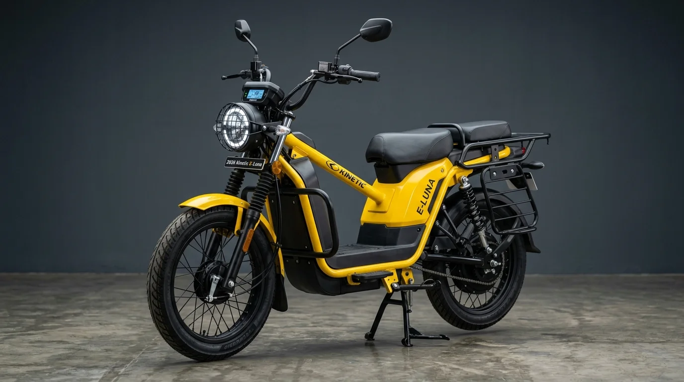 Kinetic E-Luna Sunny Yellow Electric Moped with Cargo Rack Studio Shot