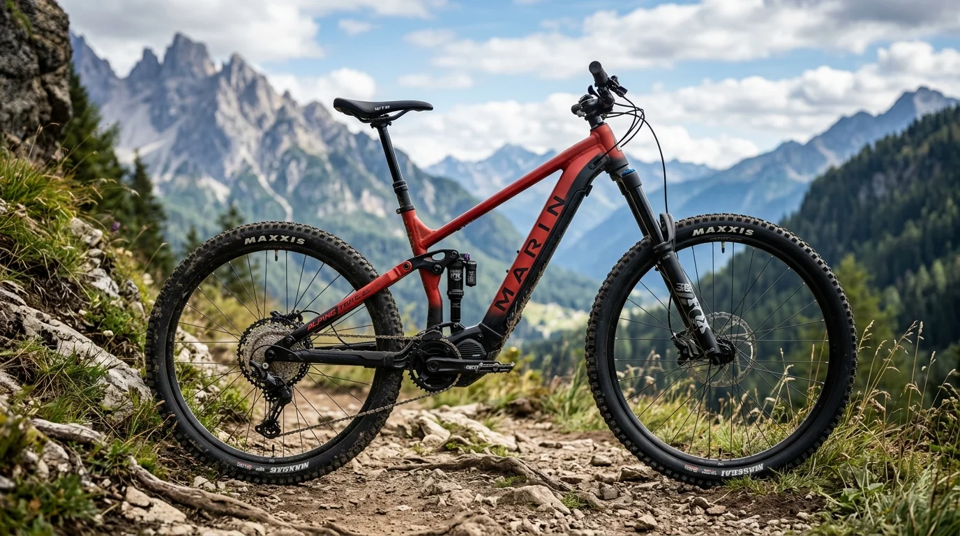 Marin Alpine Trail E2 aluminum electric enduro mountain bike with Fox 38 suspension fork and Shimano EP801 motor