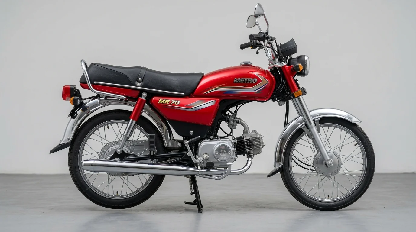 Metro MR 70 motorcycle in classic black with yellow and red fuel tank decals