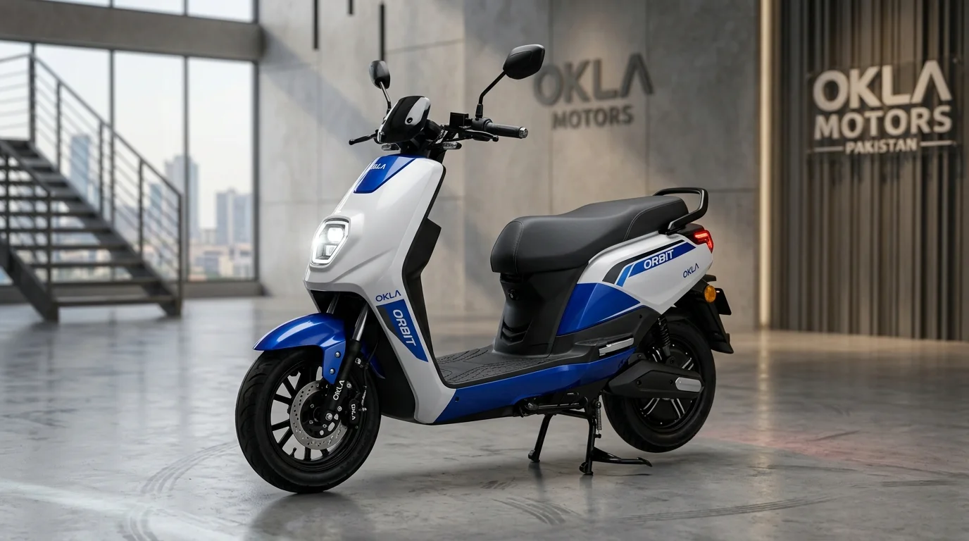 Okla Orbit electric scooter in pearl white and cobalt blue parked in showroom