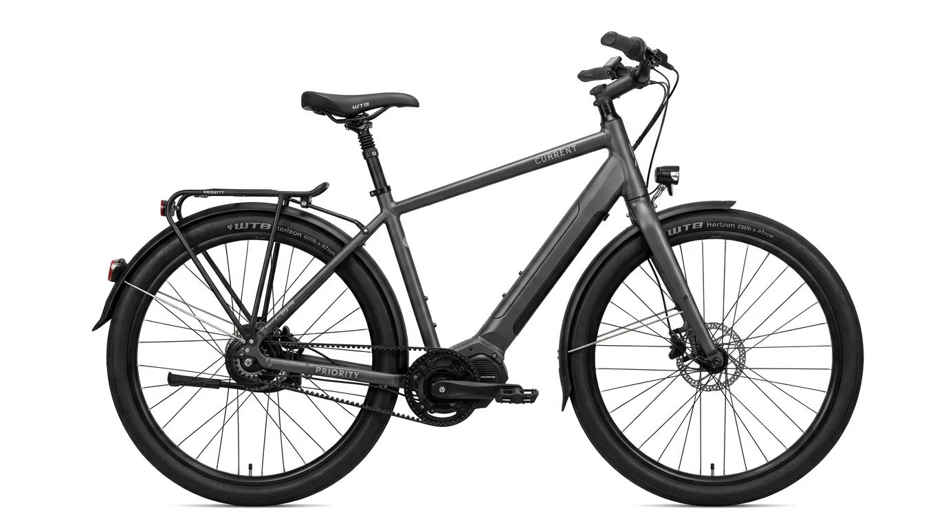Priority Current mid-drive electric commuter bike with charcoal grey frame and carbon belt drive