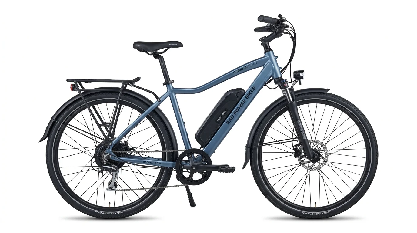 Rad Power Radster Road electric commuter bike with slate blue frame and full fenders