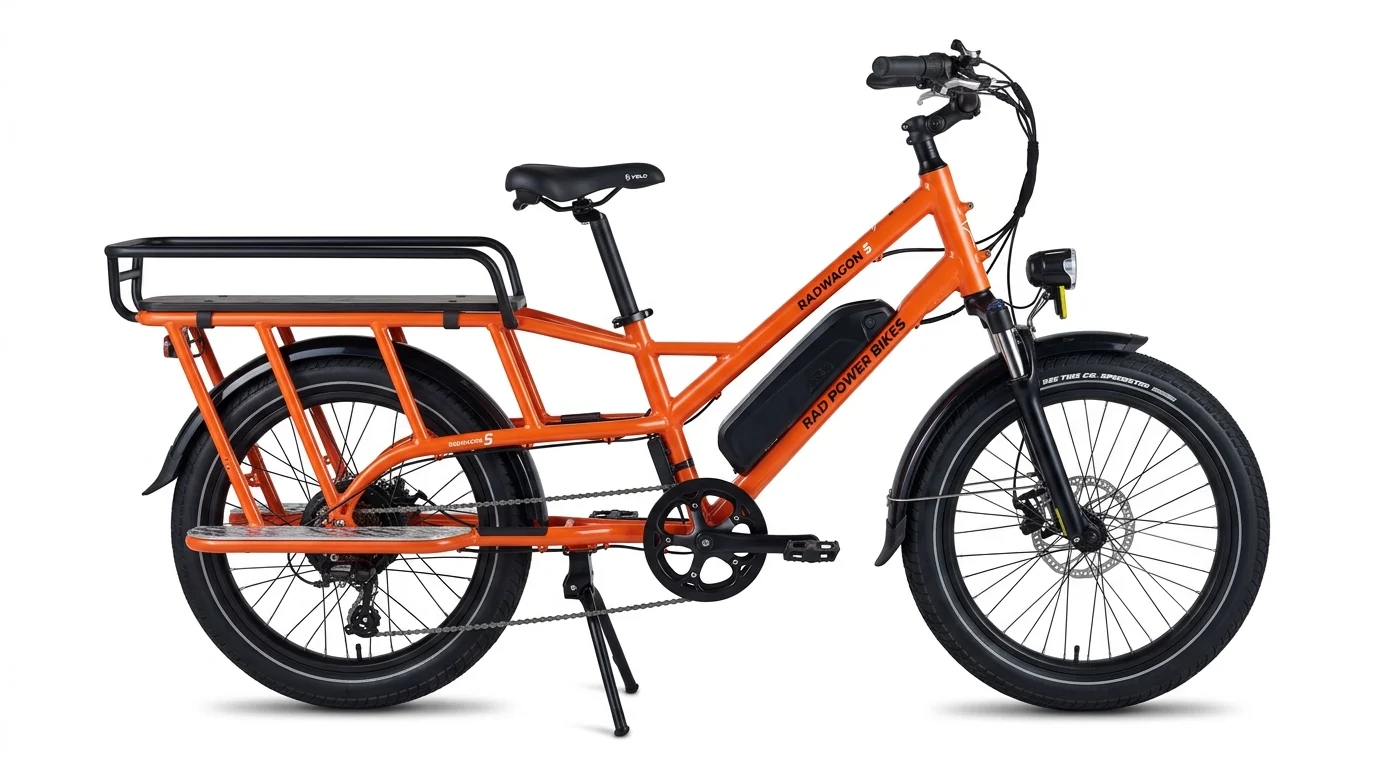 Rad Power RadWagon 5 electric cargo bike in safety orange with extended rear cargo deck and dual kickstand