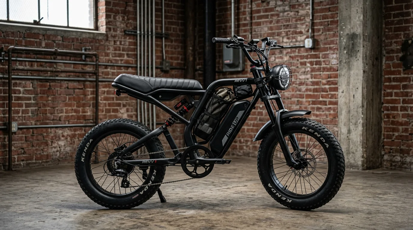 Ride1Up Revv 1 full-suspension electric moped scrambler bike with 52V battery and cafe moto styling