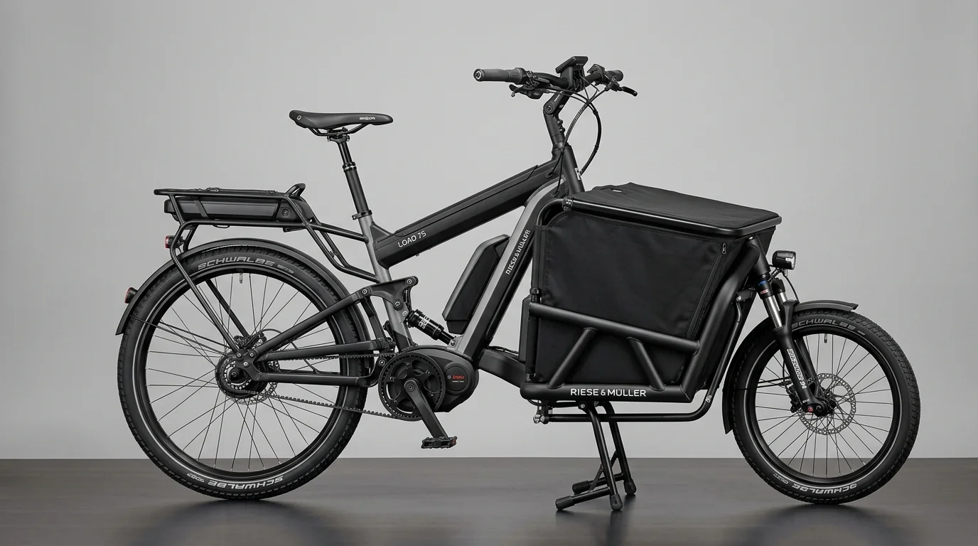 Riese & Müller Load 75 full-suspension front-loading electric cargo bike with dual batteries and front cargo box