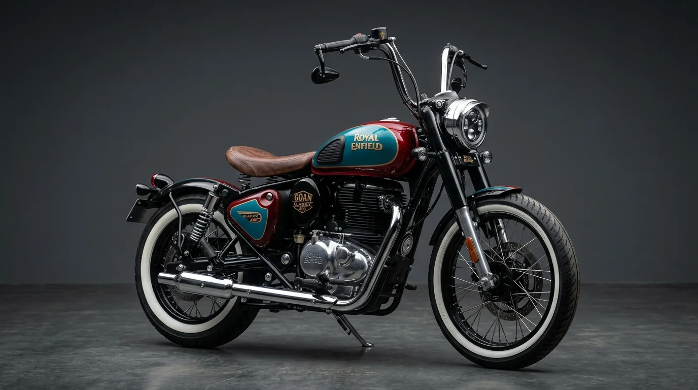 Royal Enfield Goan Classic 350 Teal and Red Bobber with White Wall Tires Studio Shot