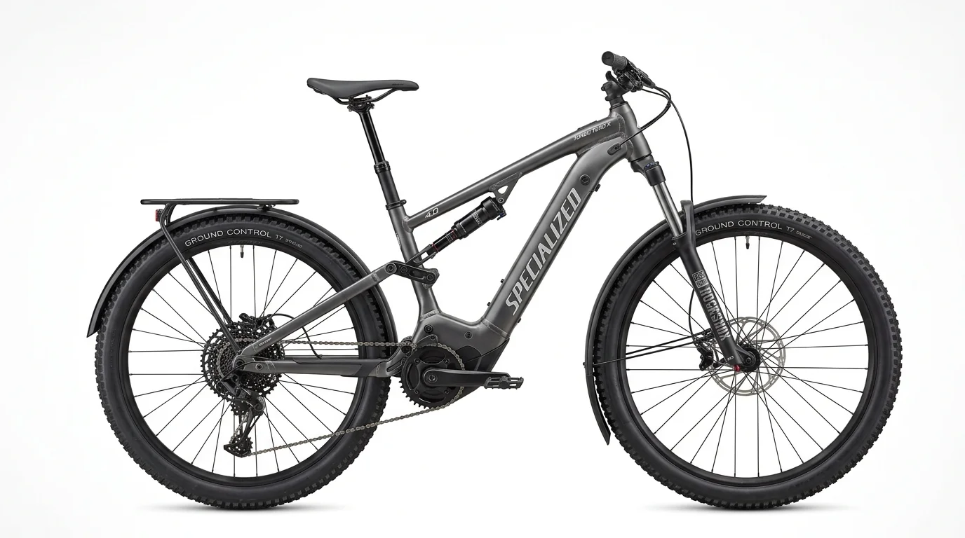 Specialized Turbo Tero X 4.0 full-suspension electric adventure bike in gunmetal grey with full fenders and rear rack