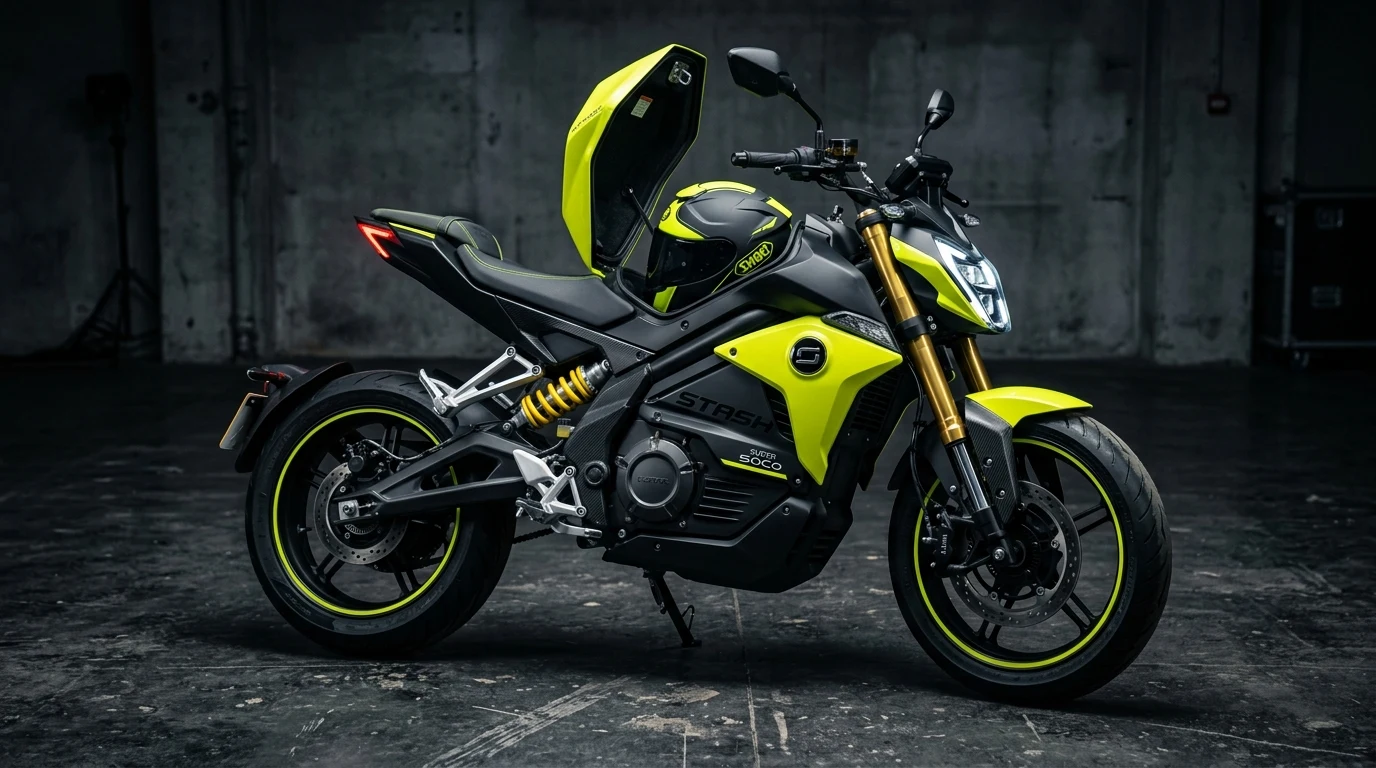 Super Soco Stash (2026): 15 kW Mid-Drive, 120 km/h Top Speed & Full-Face Helmet Tank Storage Benchmark